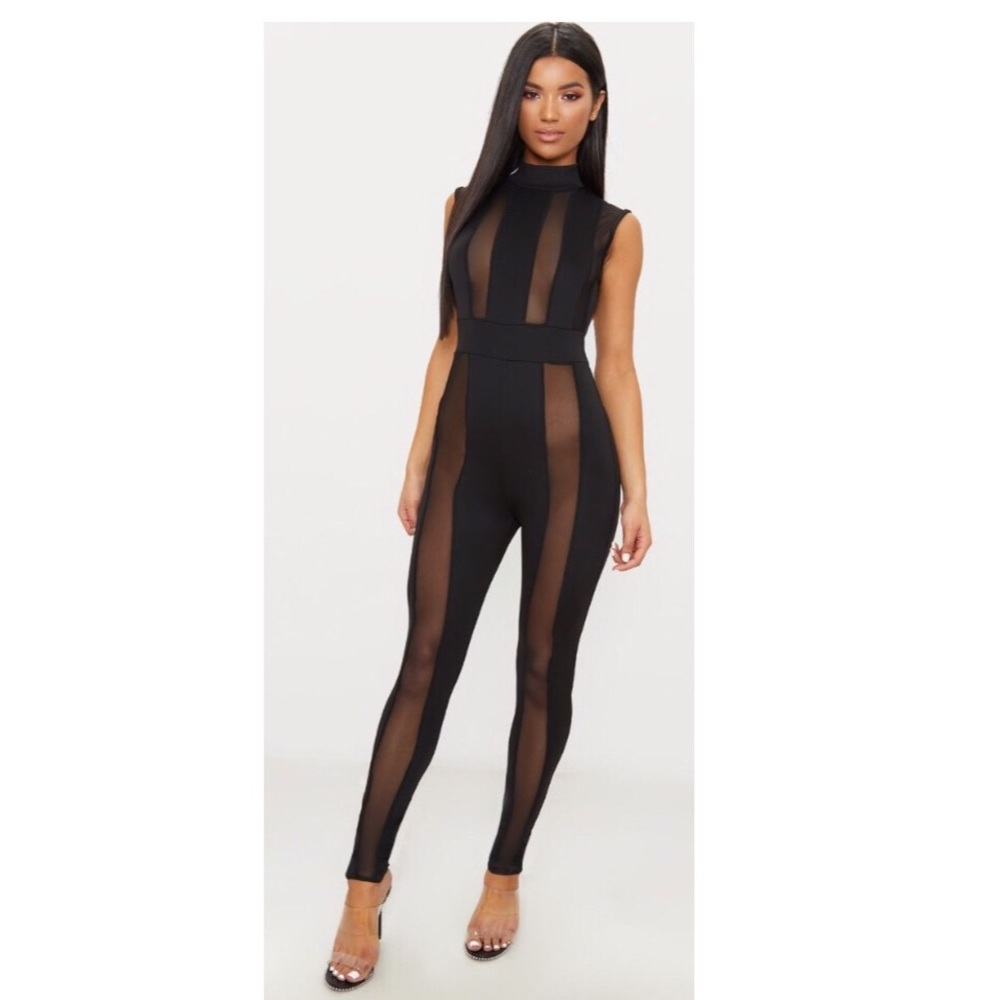 Black high neck mesh jumpsuit